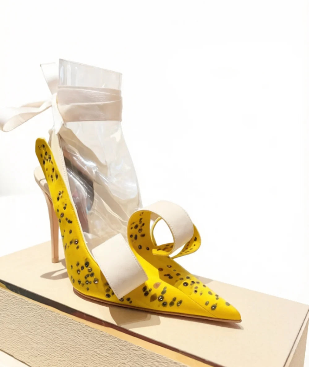 Yellow Satin Bow Pointed Toe Pumps