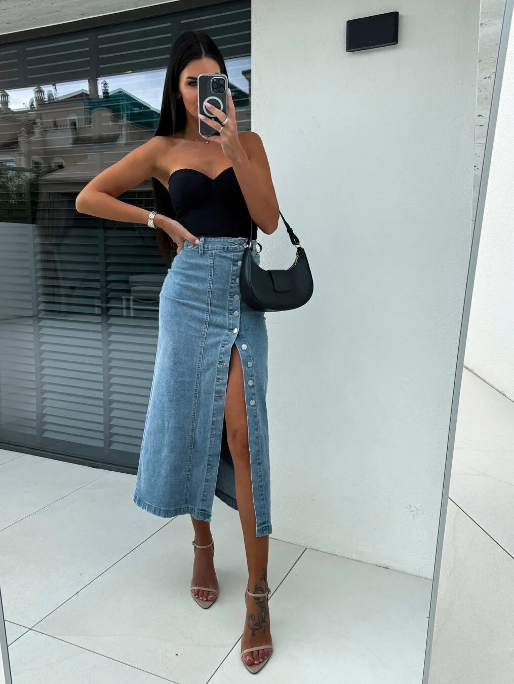 High Waist Retro Button Denim Skirt With Slit for Women