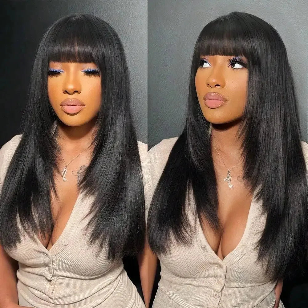 Natural Straight Layered Lace Front Wig With Bangs for Women