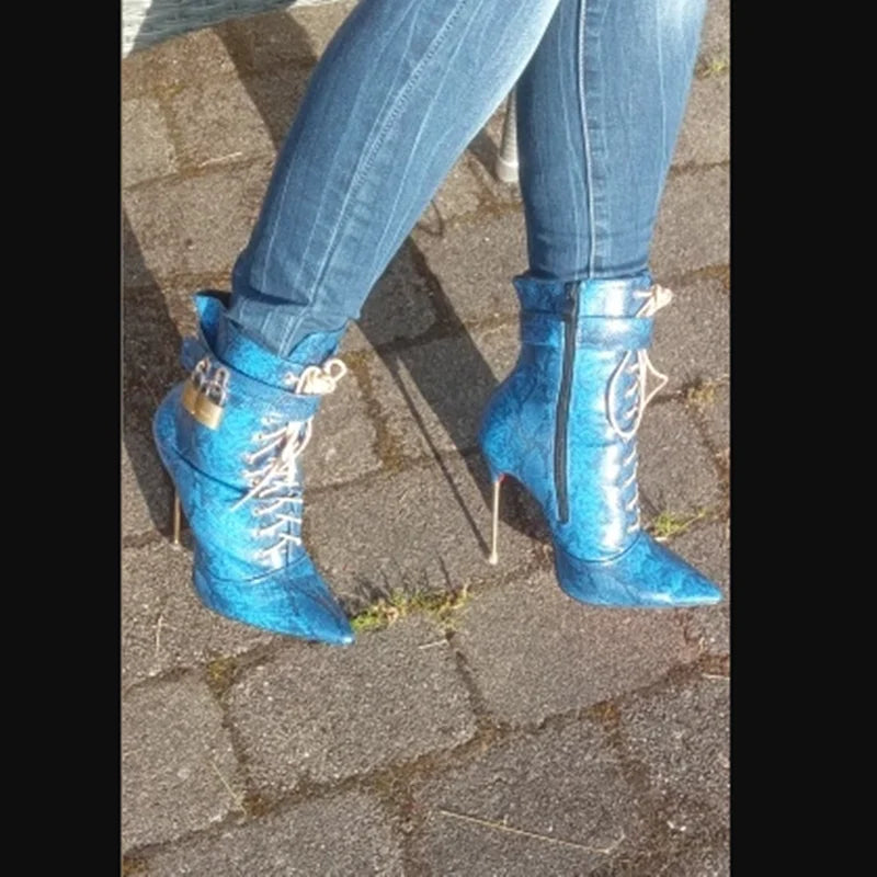 Snakeskin Lace Up Pointed Toe Heeled Boots for Women