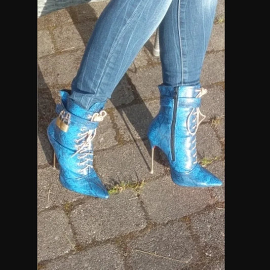 Snakeskin Lace Up Pointed Toe Heeled Boots for Women