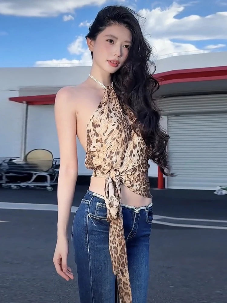 Backless Lace-Up Leopard Halter Top