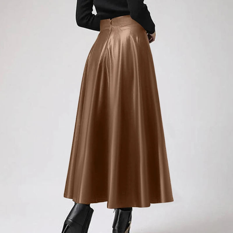 Celmia Fashion Women Long Skirts 2024 Spring PU Leather Faldas Elegant High Waist A-line Midi Skirt Casual Loose OL Swing Jupes