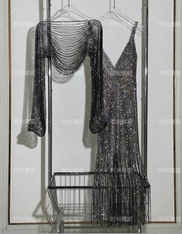 Fashion Heavy Diamond Shawl Bust Long Sleeve Top Sexy Girl Evening Dress V-Neck Slim Hip Wrap Tassel Suspender Dress 2-piece Set