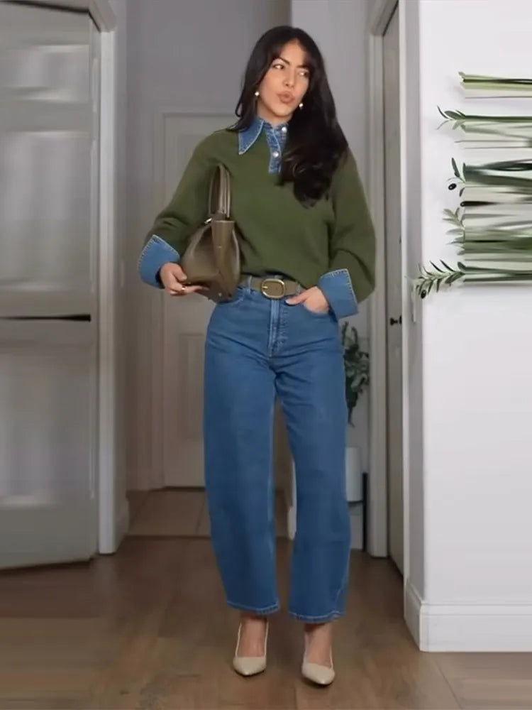 Long Sleeve Denim Collar Half Button Knit Top For Women