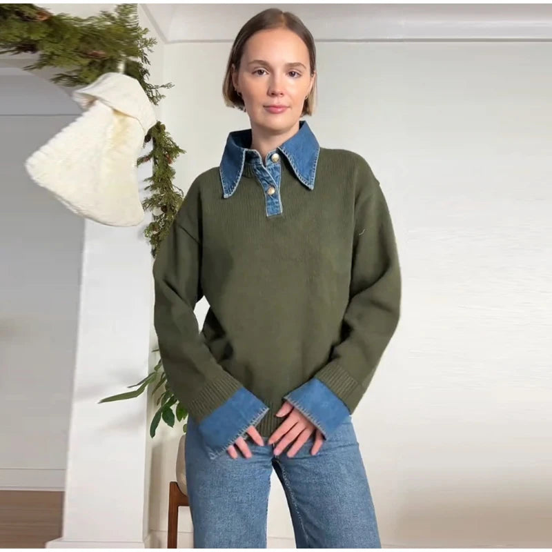 Long Sleeve Denim Collar Half Button Knit Top For Women