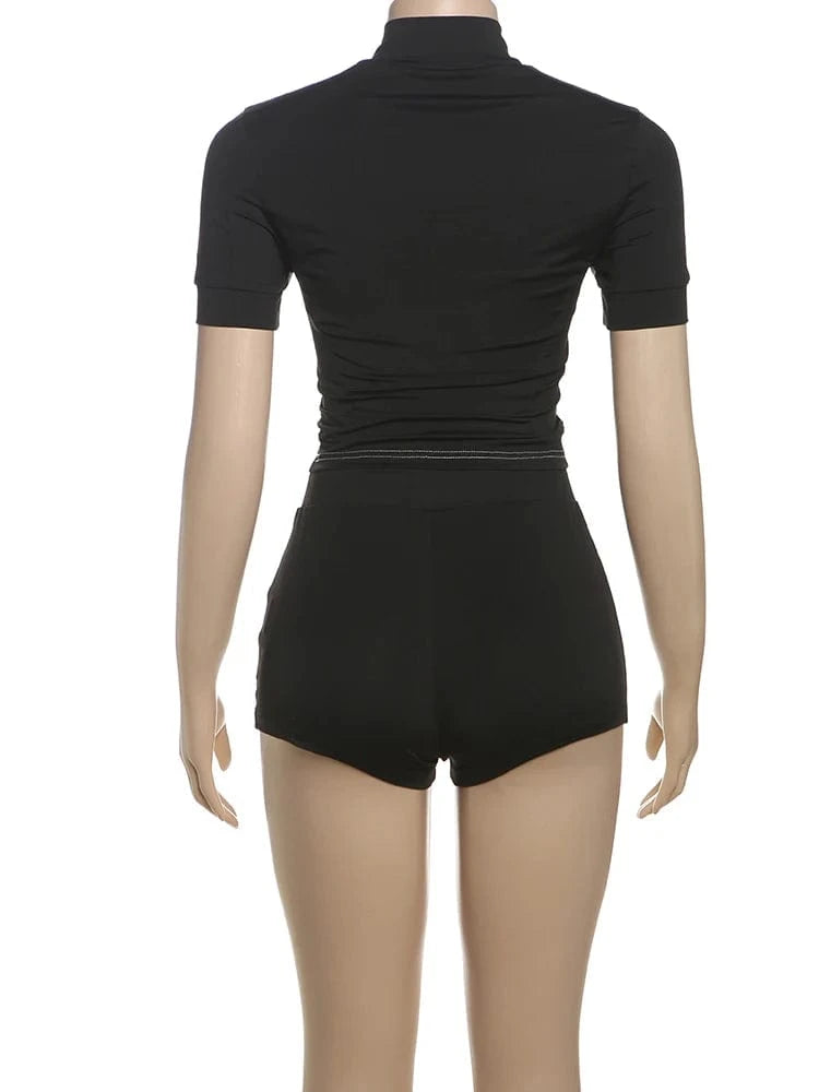 Weird Puss Summer Women Casual 2 Piece Set Tracksuit Zip Patchwork Shorts Sleeve Crop Tops+Shorts Stretch Sporty Outfits