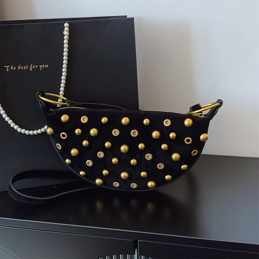 Faux Suede Rivet Half Moon Shoulder Bag for Women