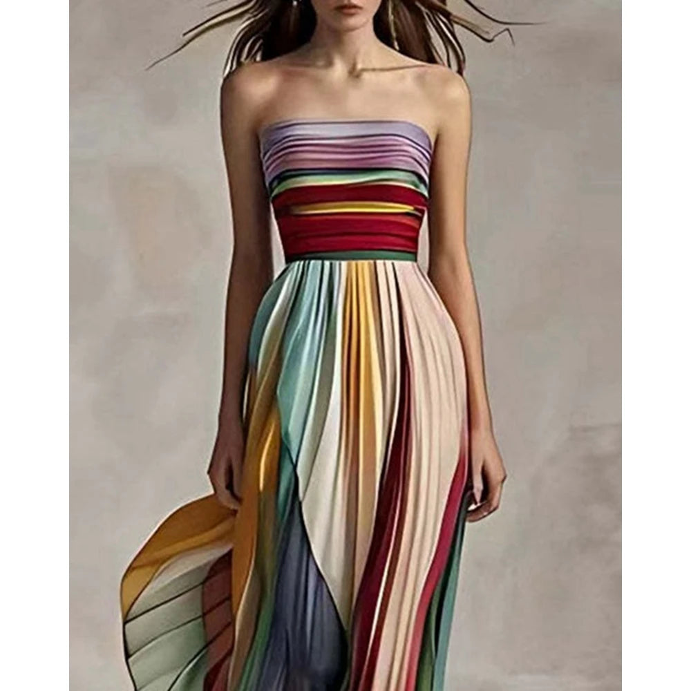 2025 Women's Rainbow Bandeau Pleated Ruched Party Maxi Dress Summer Femme Slim Fit Sleeveless Colorful Elegant Dresses