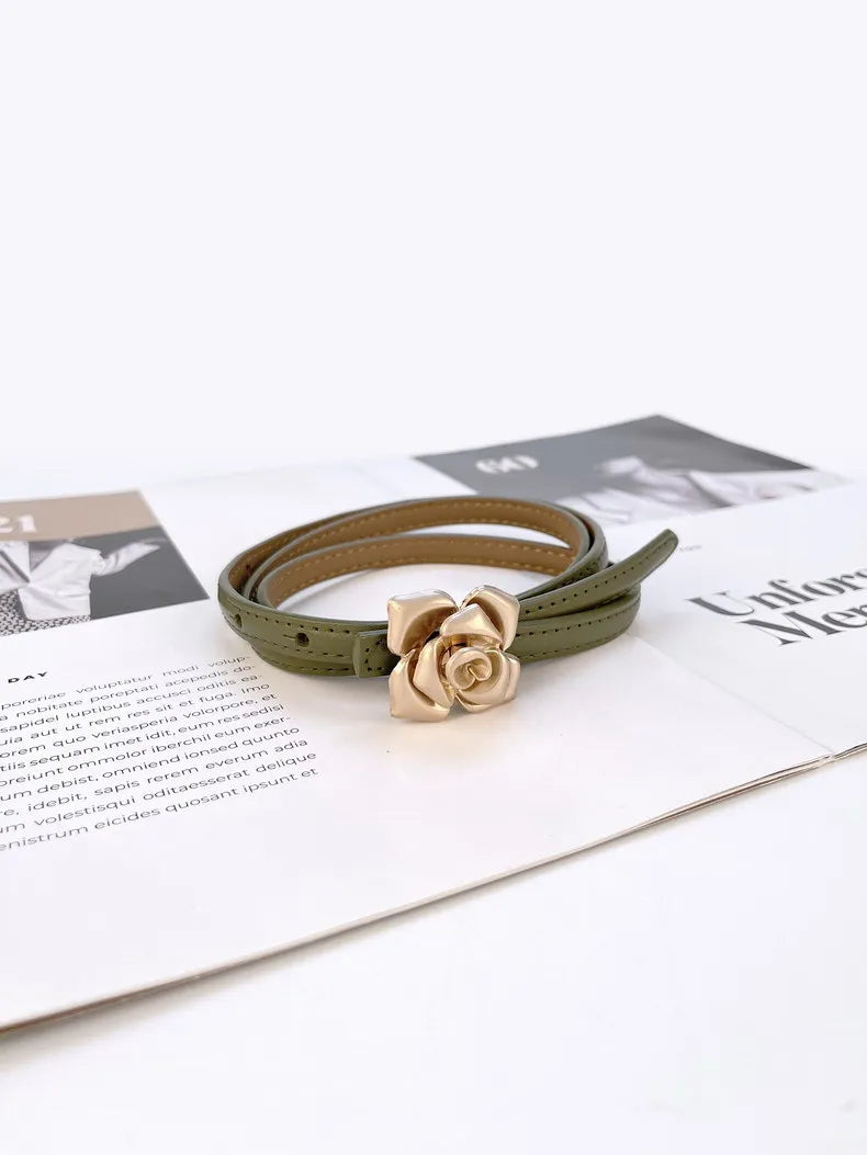 Double Sided Metal Flower Buckle Thin Belt for Women