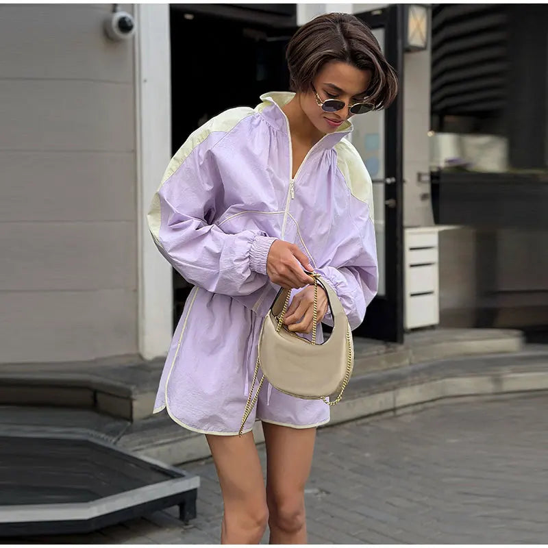 Contrast Half-Zip Stand Collar Short Jacket for Women
