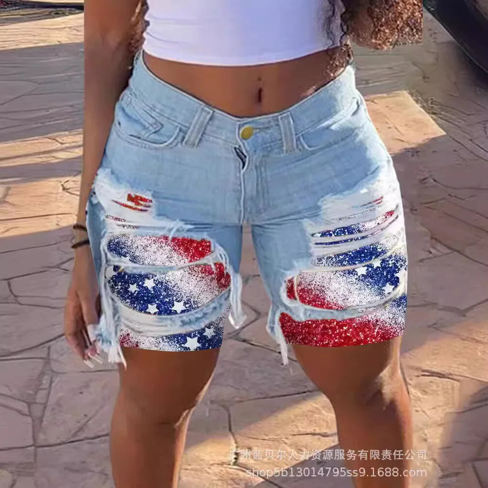 Casual Slim Knee Length Patchwork Denim Shorts for Women