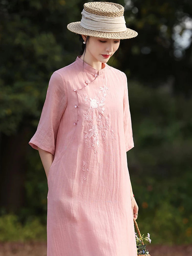 Elegant Floral Embroidered Ramie + Cheongsam Dress + for Women