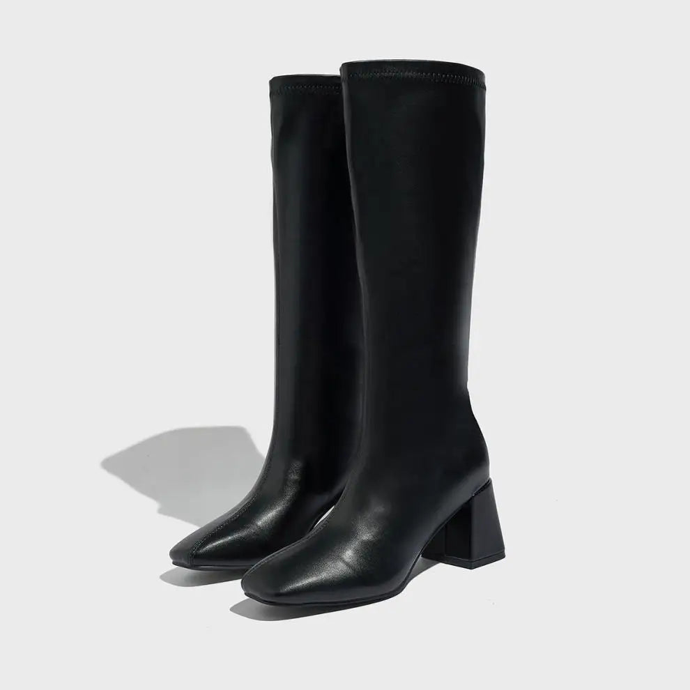 Black Square Toe Knee High Boots