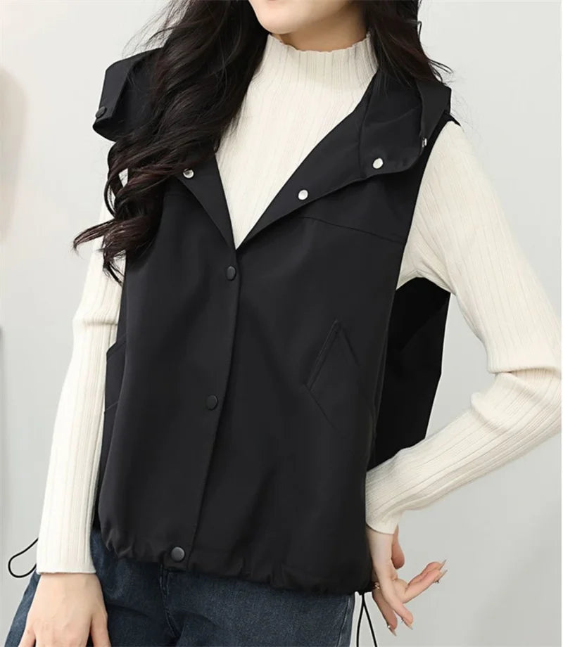 Casual Single Breasted Hooded Sleeveless Vest For Women