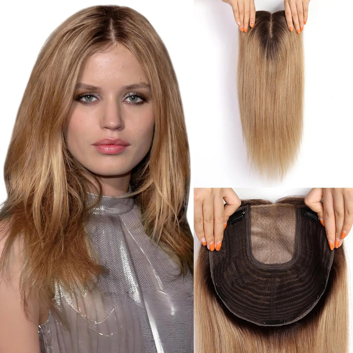 Straight Blonde Dark Root Remy Hair Clip In Topper For Women