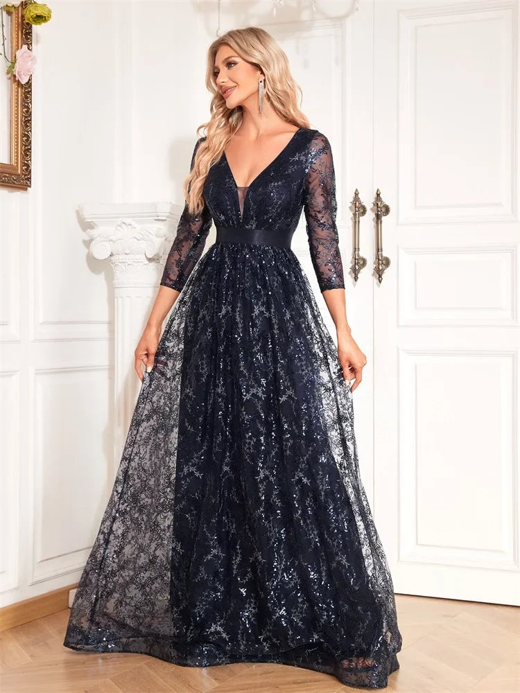 New Elegant Blue V-Neck Floral Evening Dress Long 2025 Luxury Women Long Sleeve Wedding Party Cocktail Dress Prom