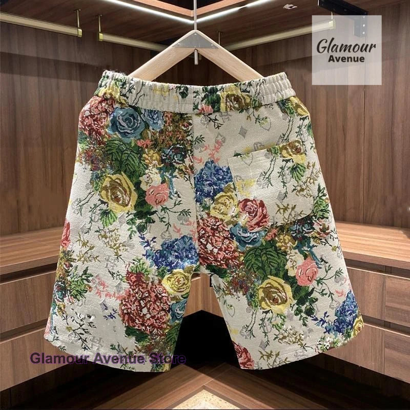 Korean retro painted rose flower shorts women's summer new fashion personalized beach pants fashion printed casual pants.