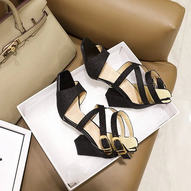 Square Heel Buckle Cross Strap Sandals