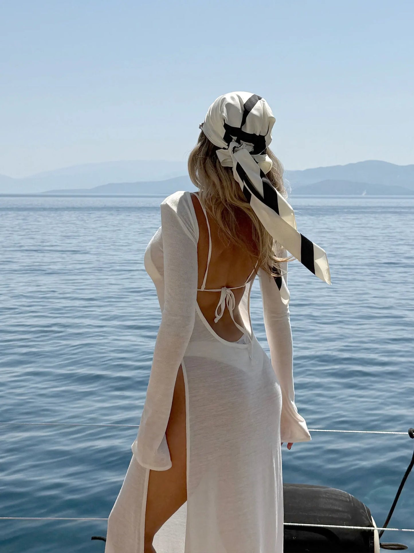 Women's White Knit See-through Swimwear Cover-up 2025 Summer Fall Clothes Sexy Backless Long Sleeve Split Beach Maxi Dress C82