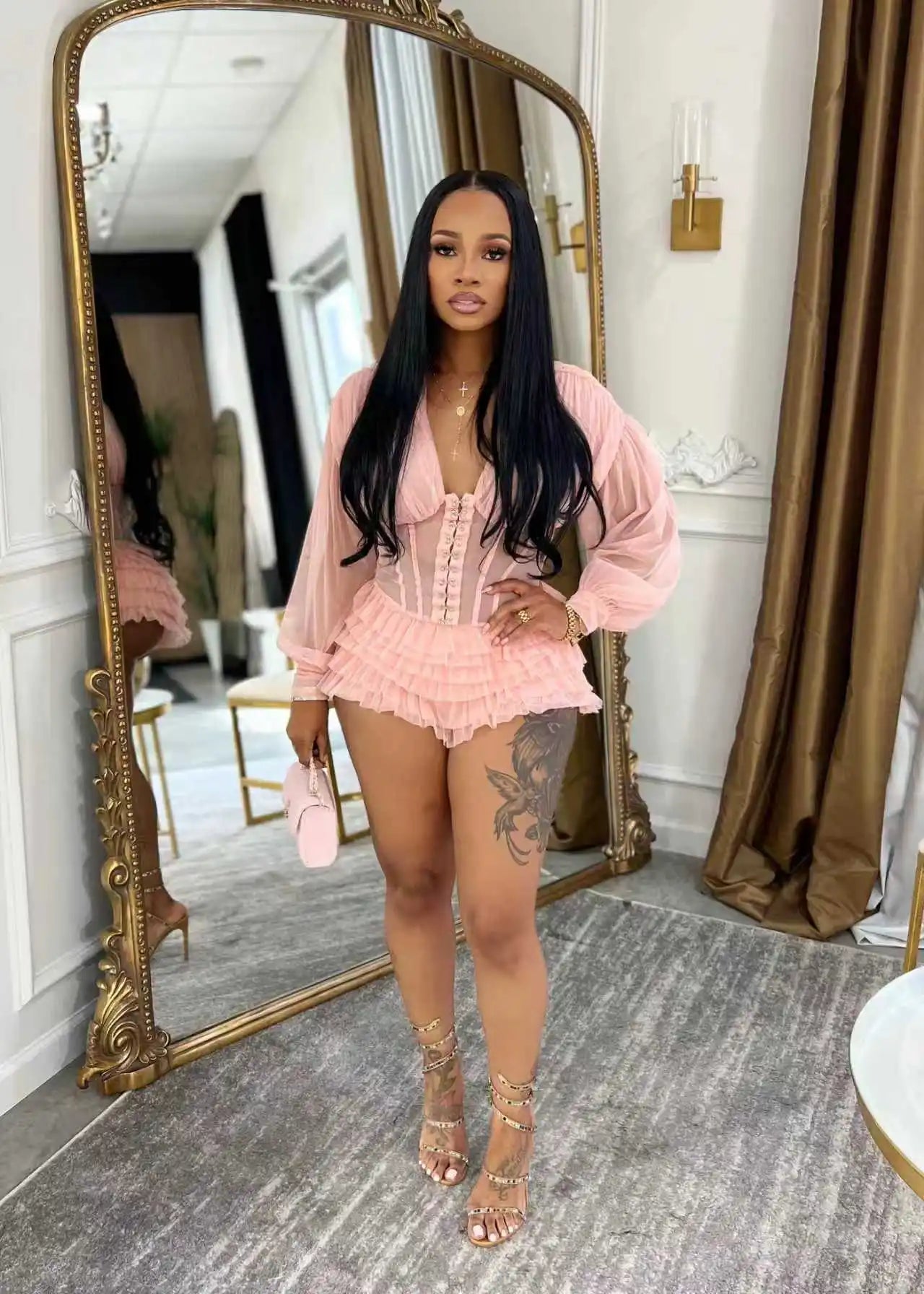 Mesh Ruched Patchwork See Through Long Sleeve Bodycon Rompers for Women
