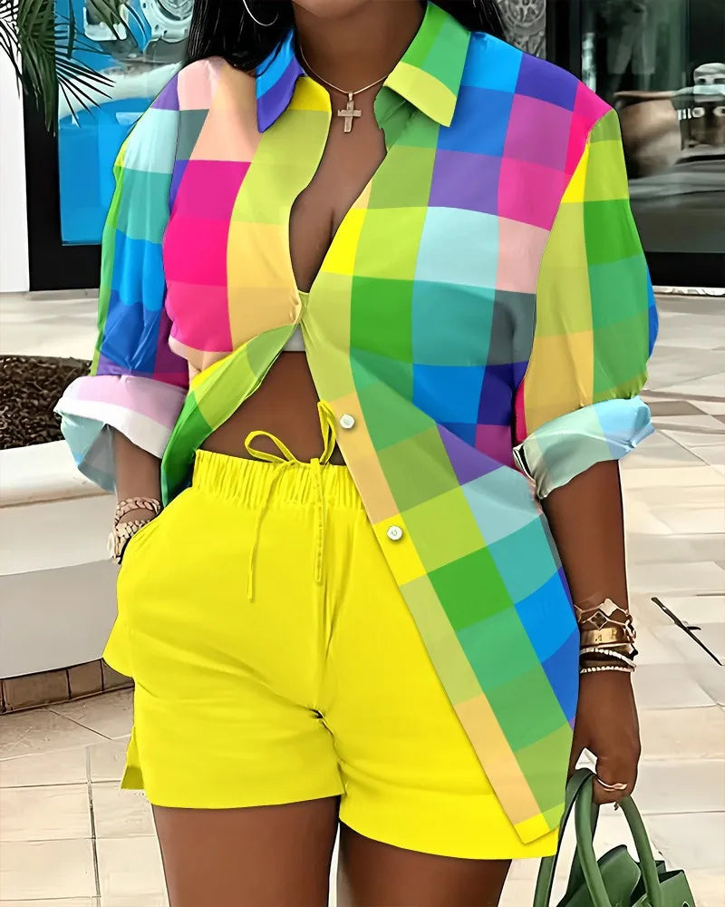 Casual Geometric Print Shirt Shorts Two Piece Set for Women