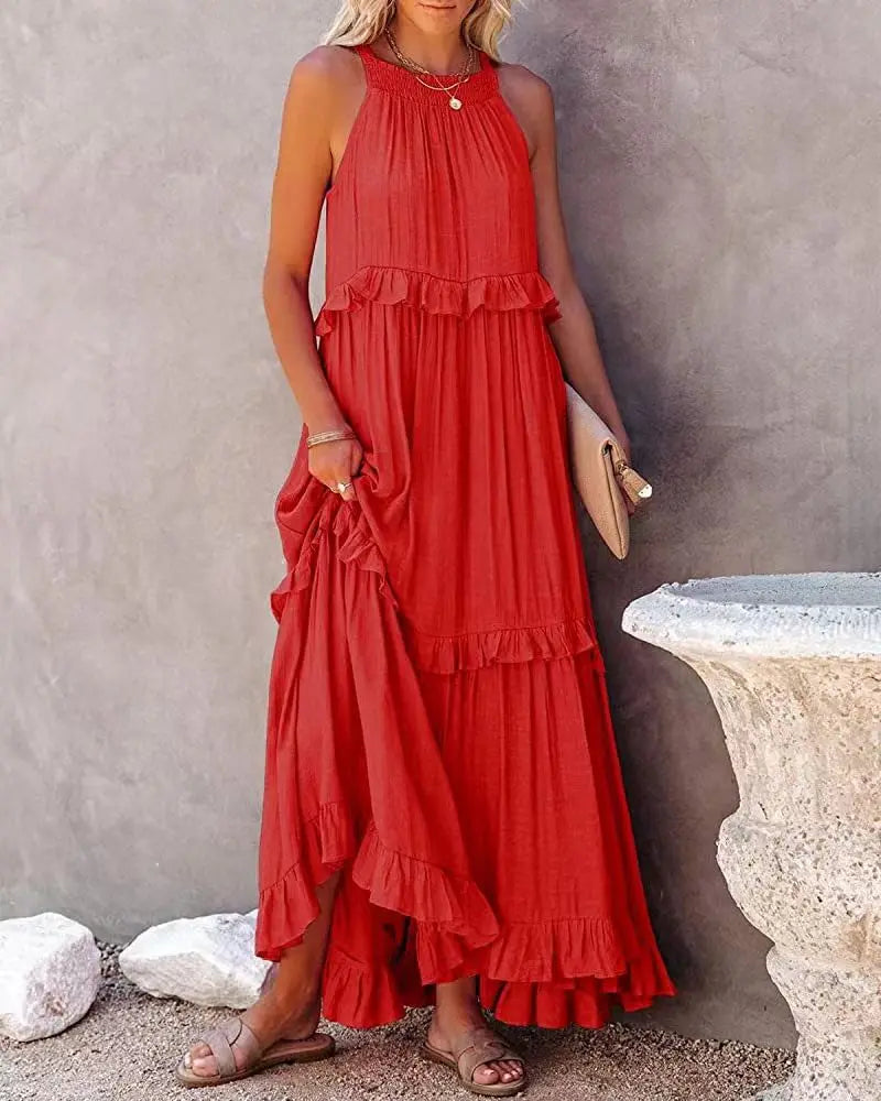 Solid Ruffled Sleeveless Maxi Sundress for Women