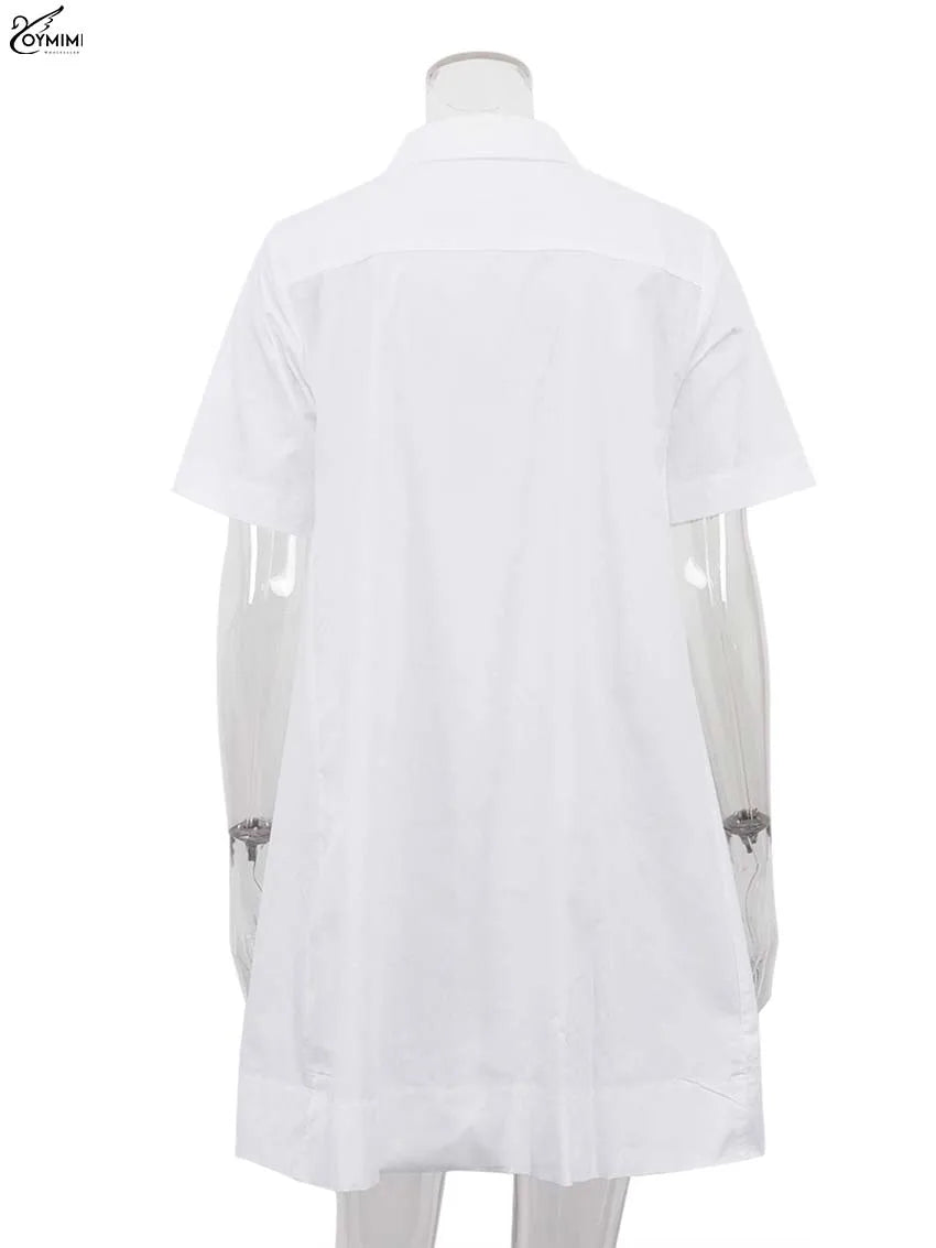 Oymimi Elegant White Cotton Dresses 2025 Woman Fashion Turn-Down Collar Half Sleeve Button Dress Casual Loose Mini Dress Female