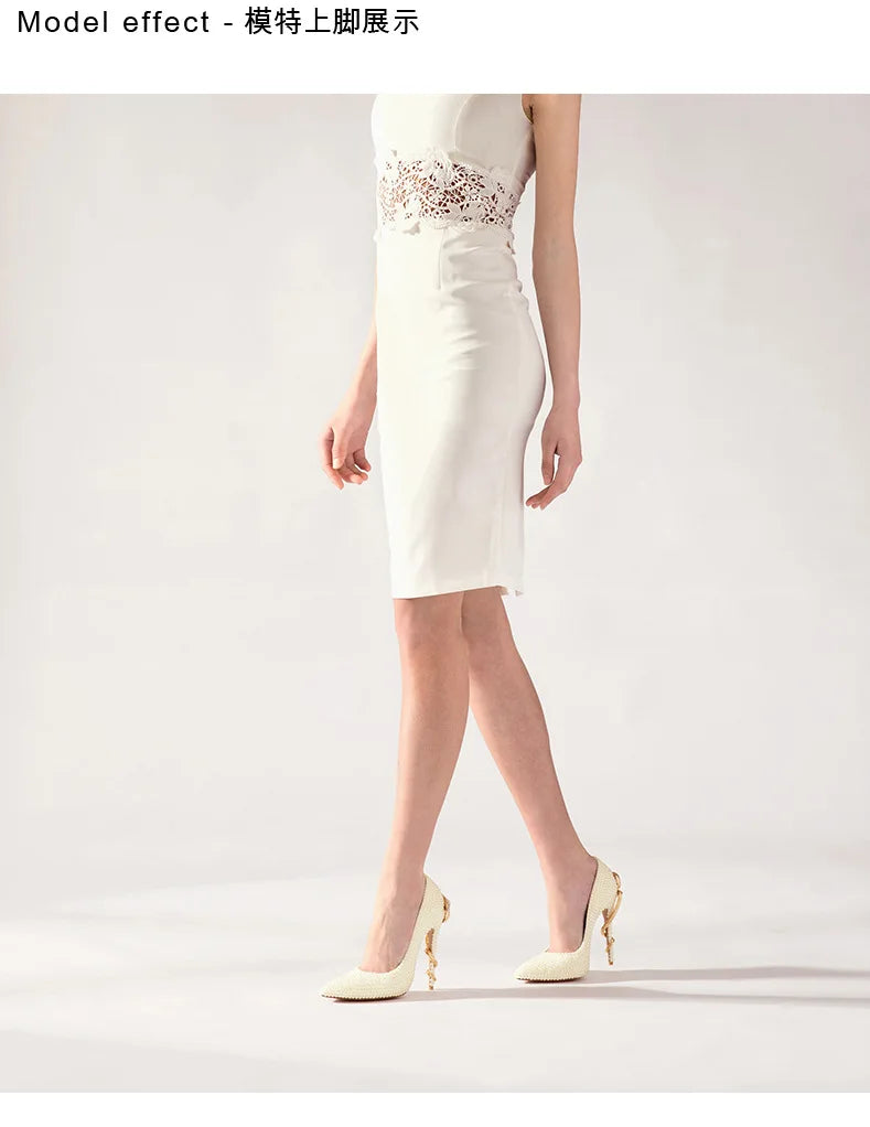 Golden Pearl Embellished Bridal High Heel Pumps For Women
