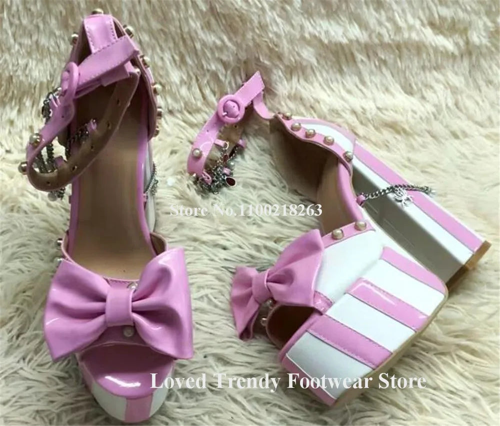 Striped Peep Toe Platform Sandals With Bow Detail for Women