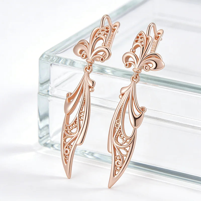 Glossy Rose Gold Flower Drop Earrings