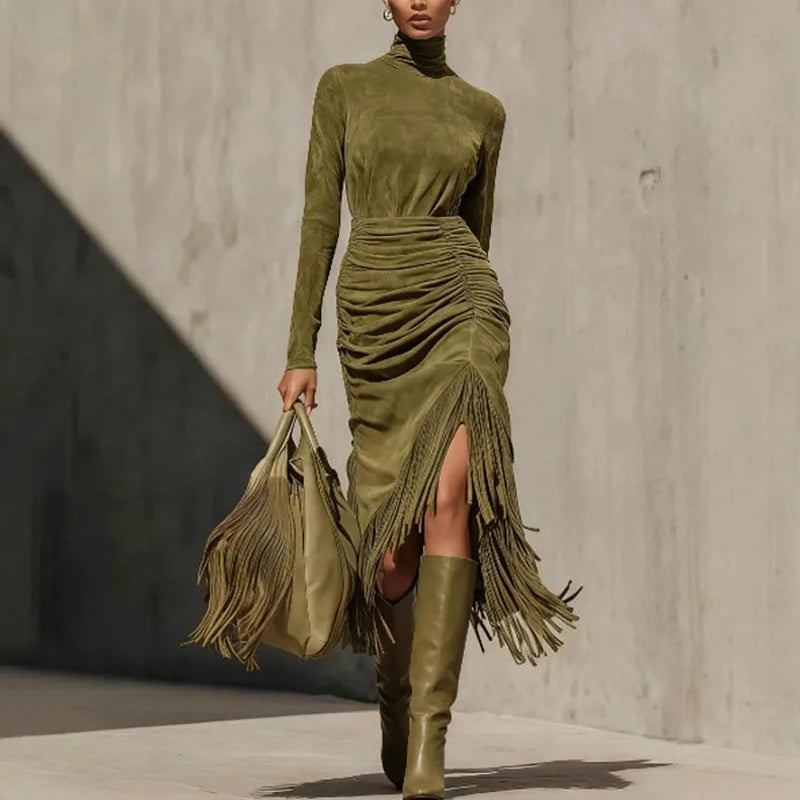 Retro Solid High Waist Tassels Pleated Dress Woman Elegant Turtleneck Irregular Party Dresses Autumn Long Sleeve Slim Sexy Dress