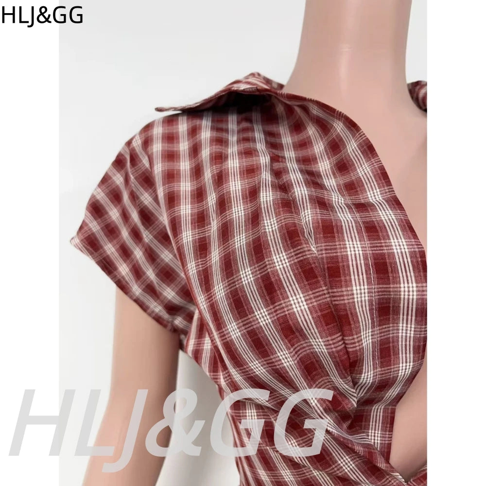 Plaid Print Deep V Neck Sleeveless Hollow Two Piece Set for Women