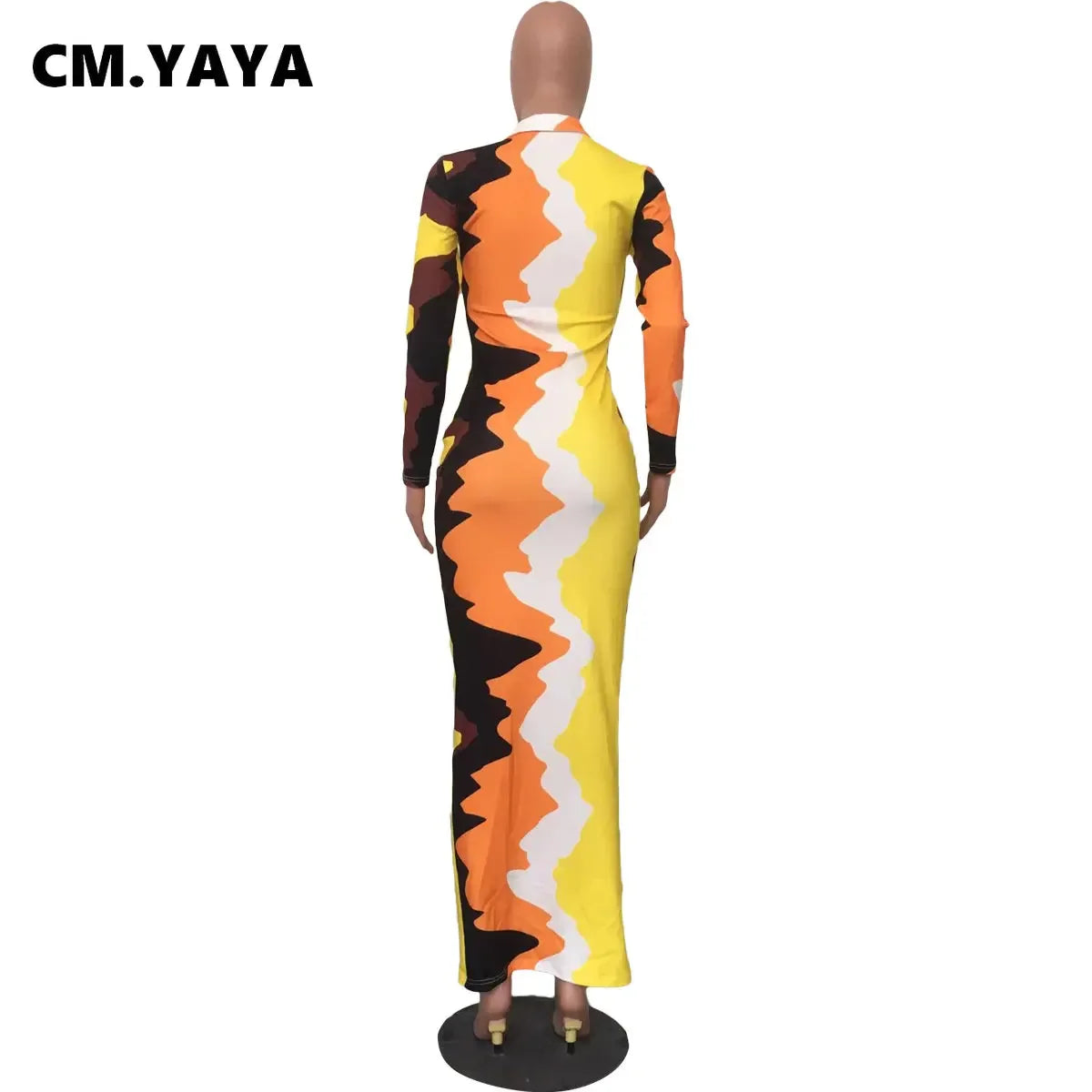CM.YAYA Women Tie Dye Wave Long Sleeve Button Turn-down Collar Midi Maxi Long Dress Autumn Winter Party Evening Bodycon Dresses