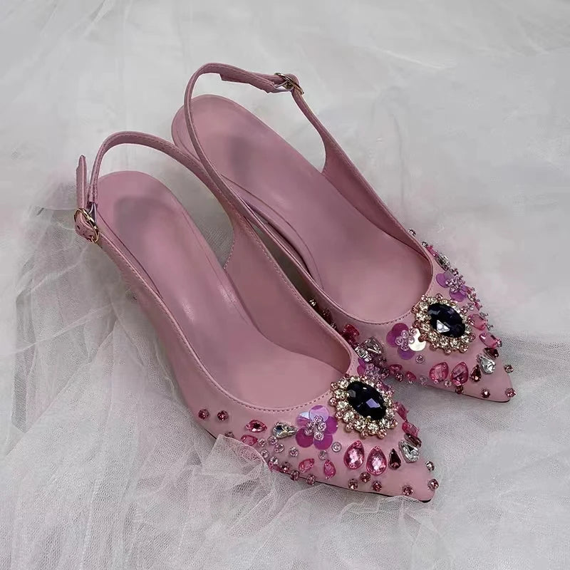 Elegant Pink Floral Rhinestone Slingback Wedding High Heels Pumps for Women