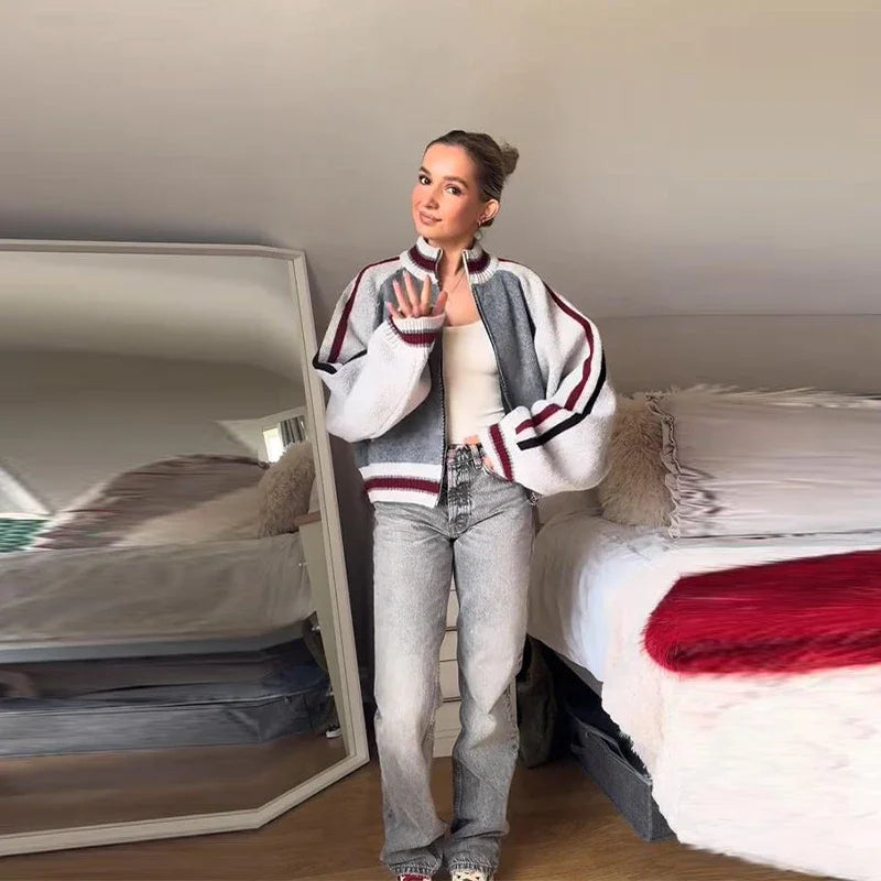 Printed Striped Knitted Baseball Cardigan for Women