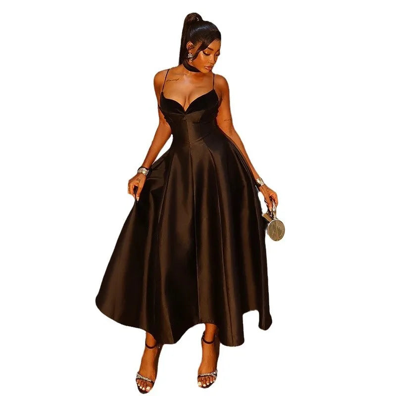 Chic Elegant Black Strapless Casual Midi Dress For Women