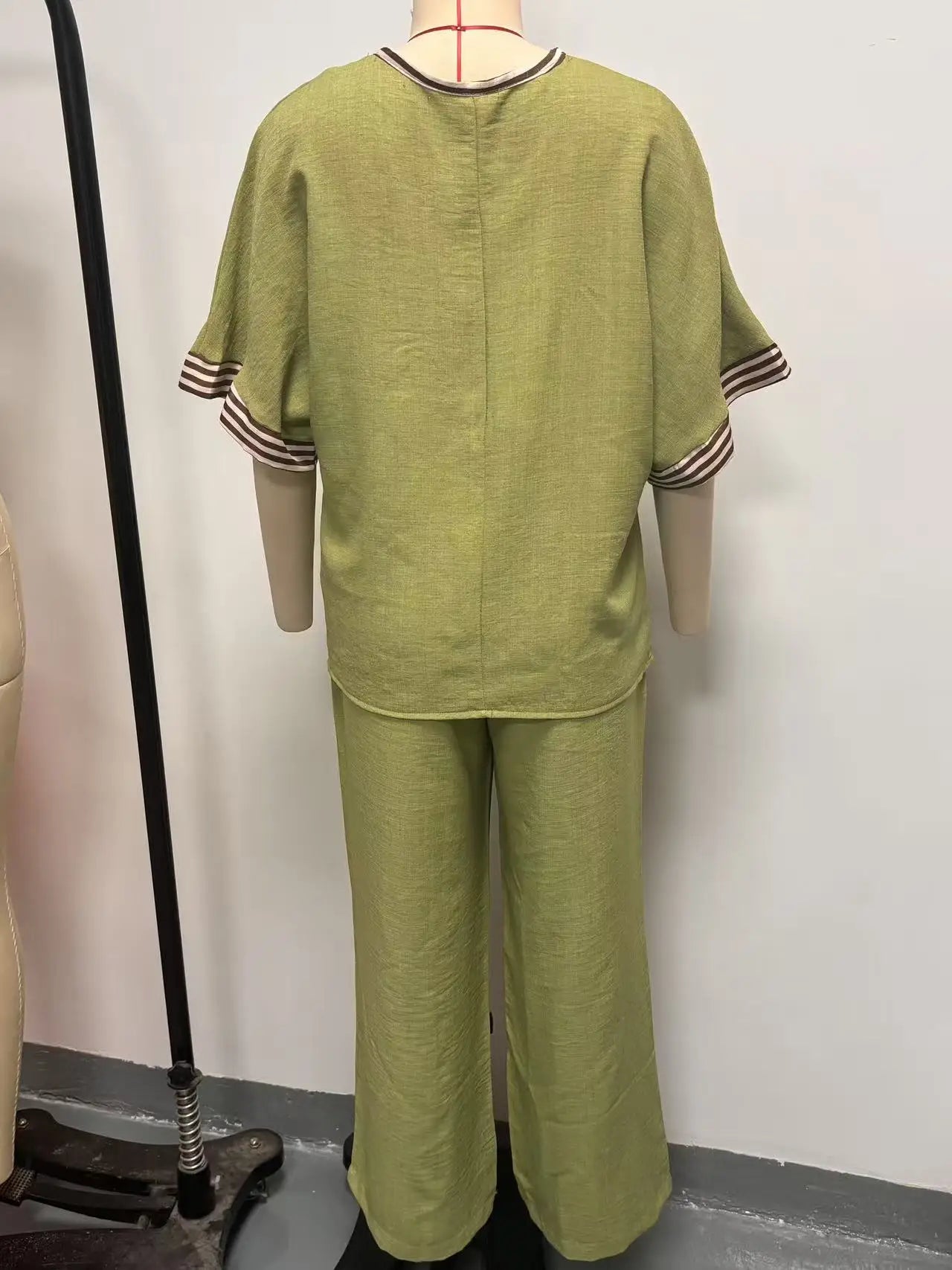 Striped V Neck Short Sleeve Two Piece Set for Women