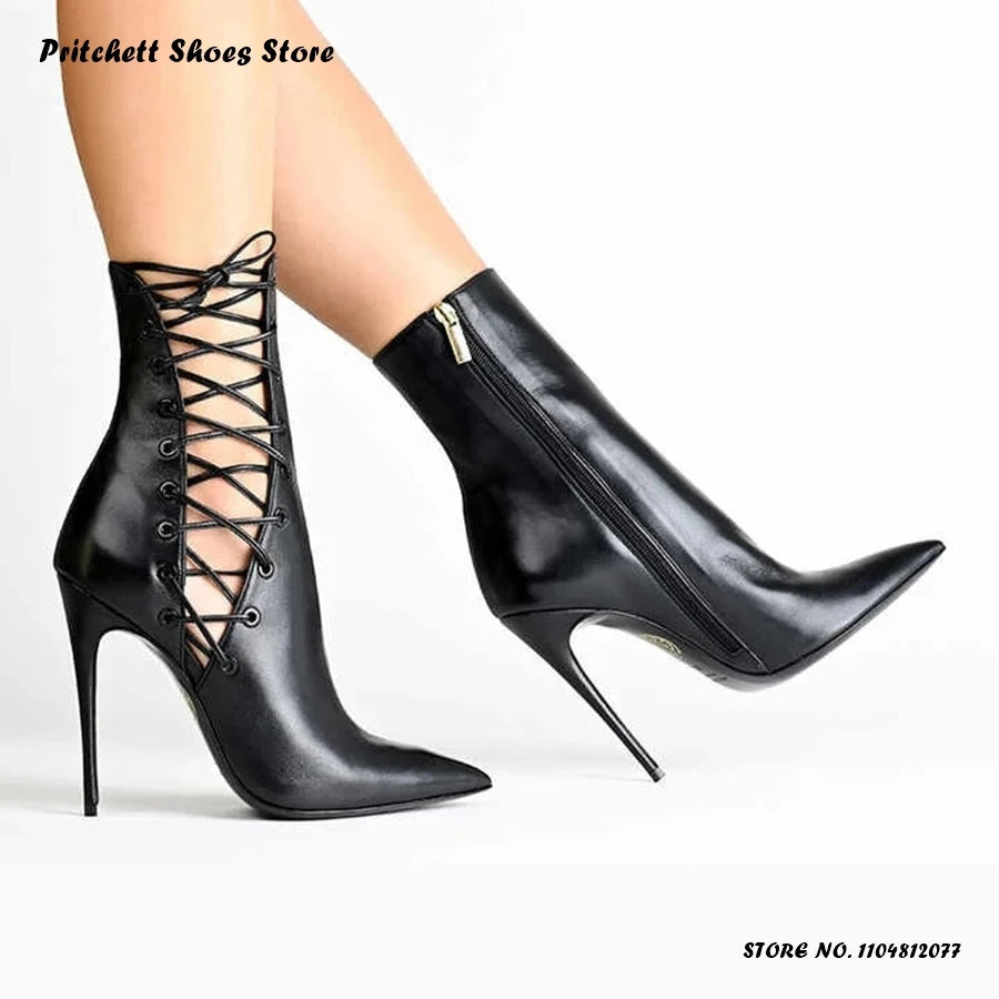 Elegant Pointed Toe Cut Out Lace Up Ankle Boots for Women