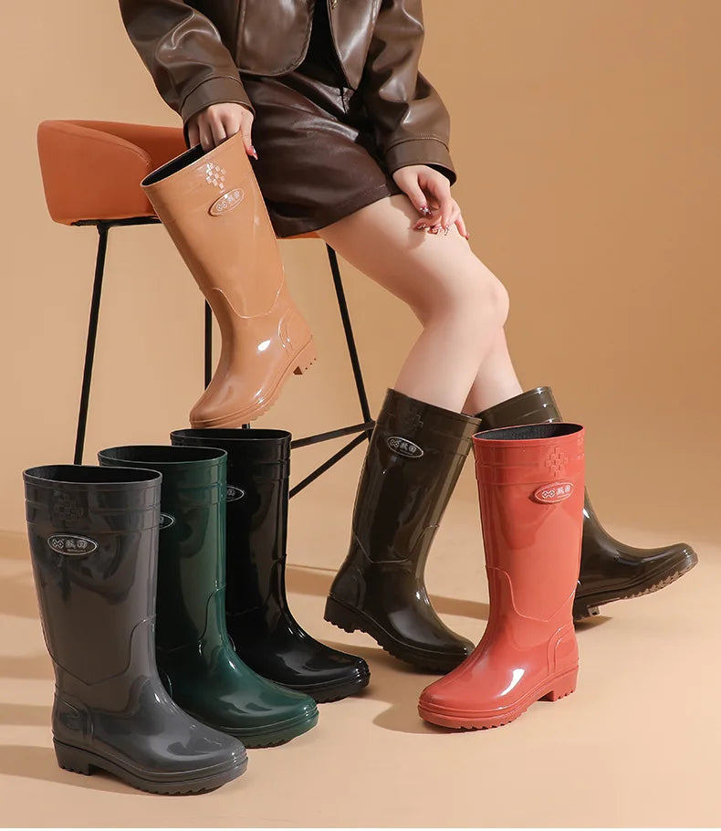 Bright Green Knee High Rain Boots With Antislip Sole for Women