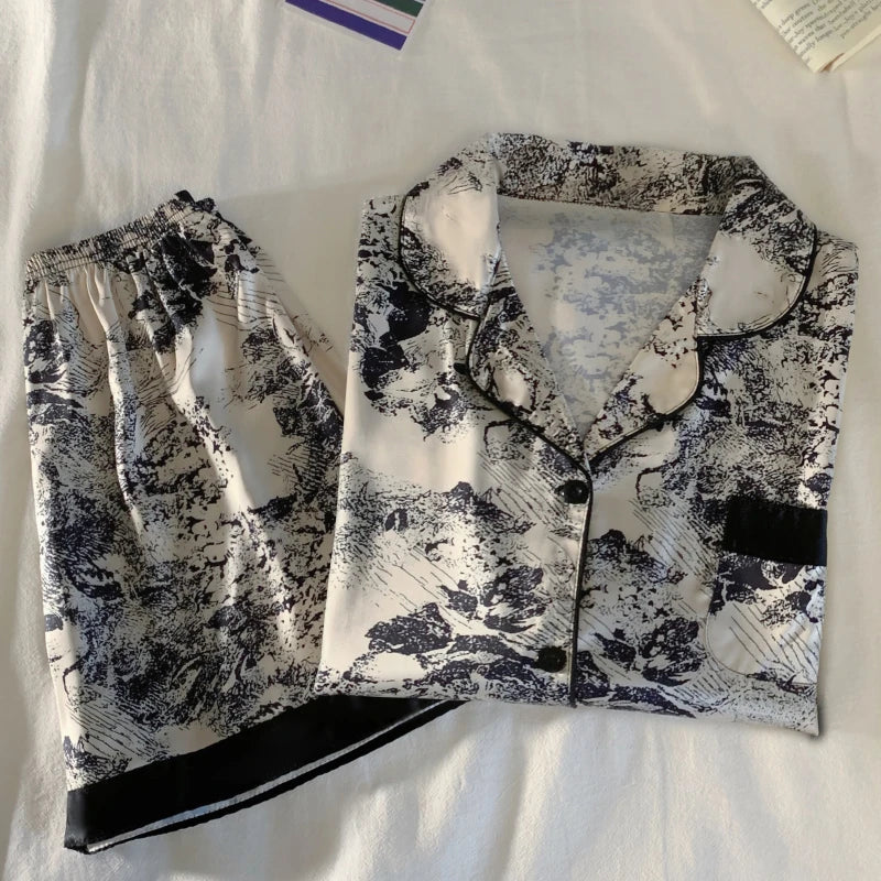 Chinese Elegant Ink and Wash Painting Women's Pajamas Ancient Style Classical Flavor Sleepwear 2024 New Summer Fashion Nightgown