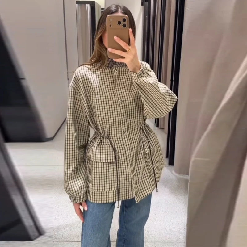 Grid Pattern Stand Collar Long Sleeve Coat for Women