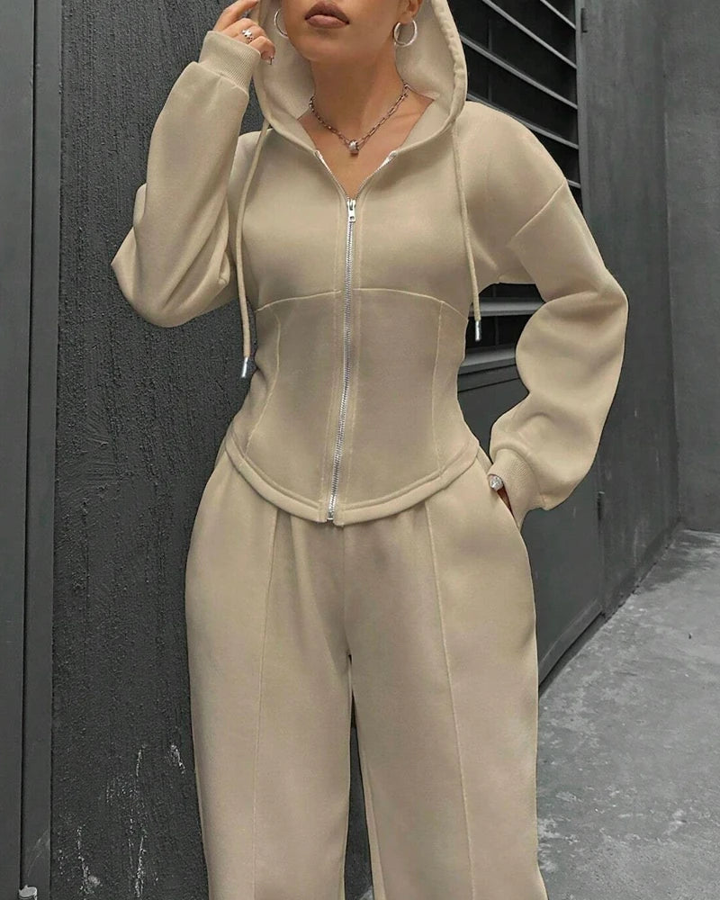 2 Pieces Pants Set Long Sleeve Zip Fly Slim Fit Hooded Top and Casual Wide Leg Pants Set