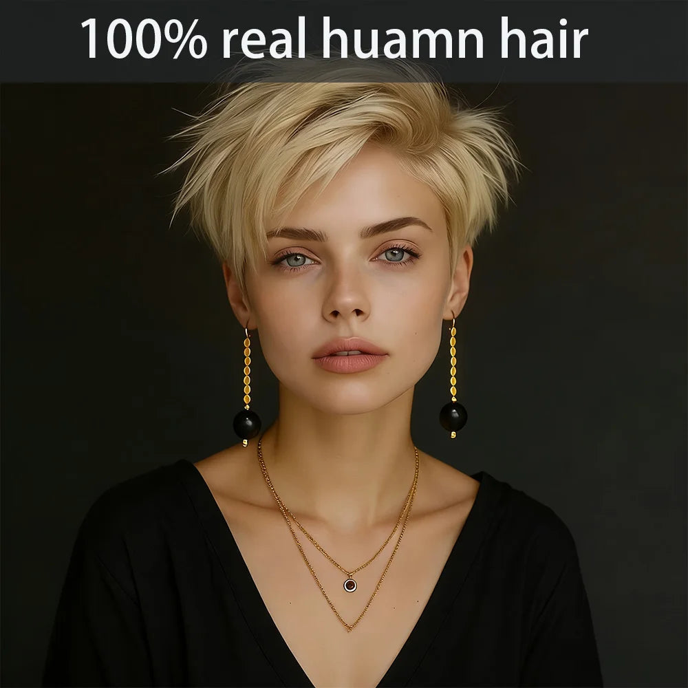 Machine Made Straight Short Blonde Human Hair Wig For Women
