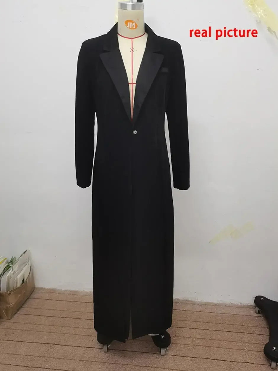 Bonboho 2026 Women's Elegant Blazer Jacket Solid Black Slim Long Sleeve Extra-Long Splited Blazer Coat Female Formal Outerwear