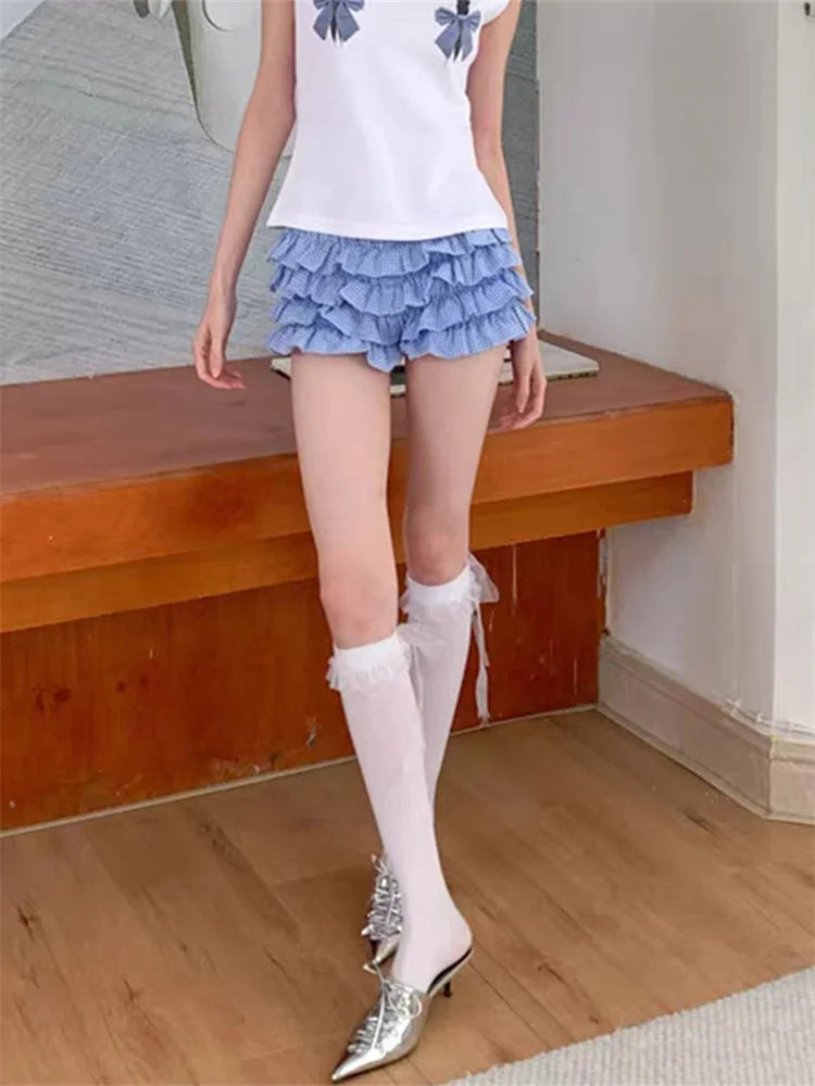 Layered Ruffle Elastic Waist Plaid Shorts for Women