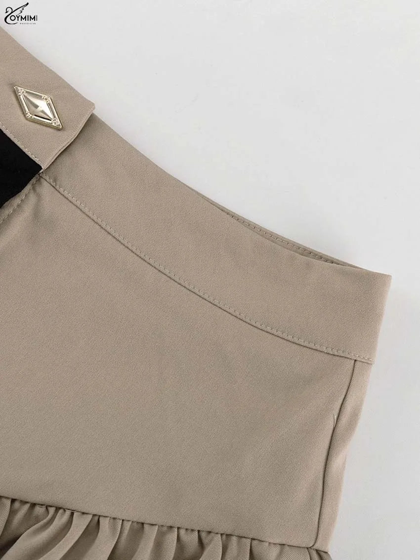 Oymimi Fashion Black Patchwork Two Piece Set For Women Casual Long Sleeve Button Pockets Crop Shirts + High Waist Mini Skirt Set