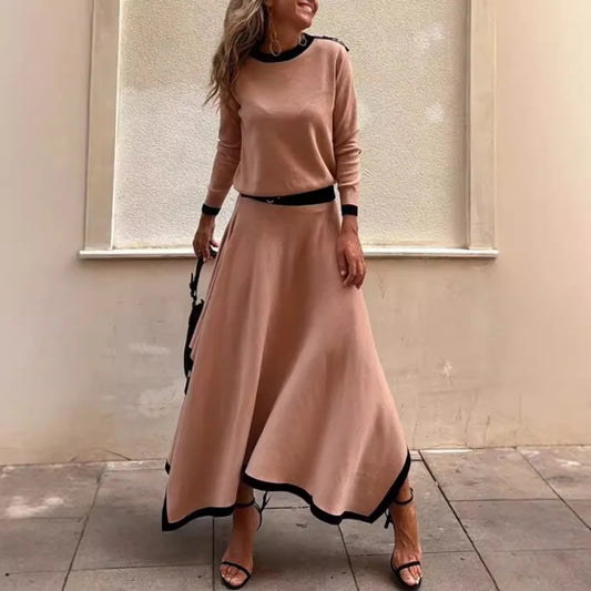 Women Casual Long Sleeve 2Pc Set Fashion Color Blocked Loose 2Pc Outfits Elegant O-neck Pullover Top & lrregular Long Skirt Suit
