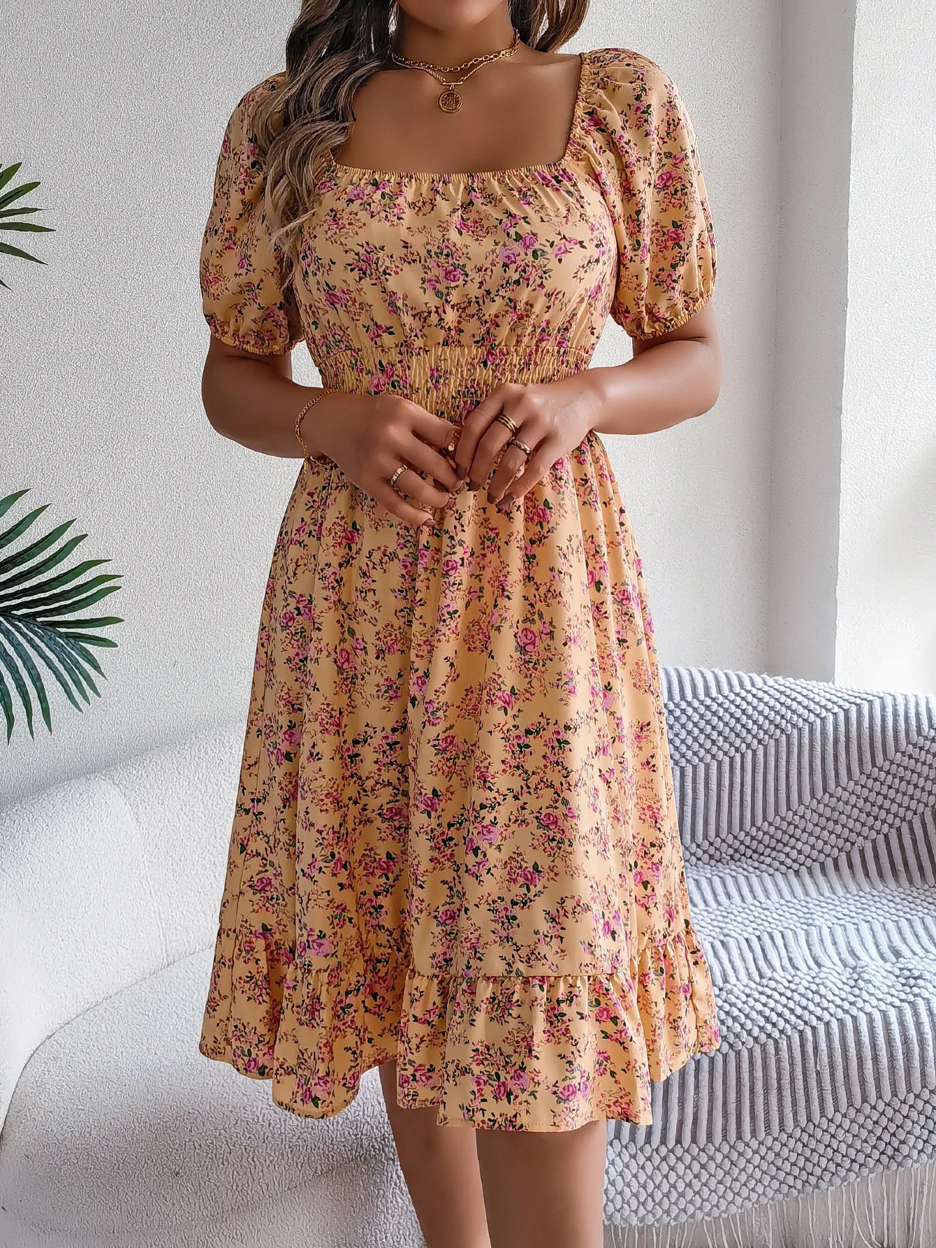 Floral Square Neck Short Sleeve High Waist Swing Dress for Women