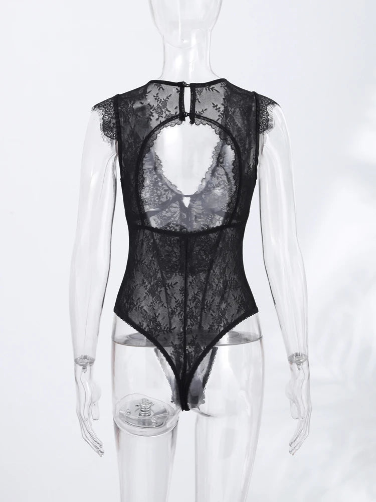 Black Backless Lace V Neck Sleeveless Bodysuit for Women